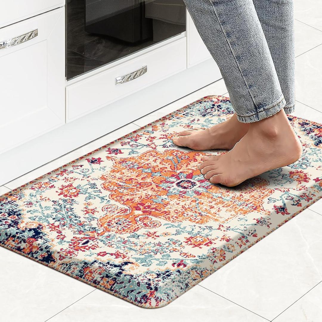 MAYHMYO Boho Kitchen Mat Anti Fatigue Ethnic Kitchen Cushioned Floor Mat Orange Blue Kitchen Rugs Non Slip Cool Rugs for Kitchen Floor Office (28"L x 17.3"W x 0.5"Th)