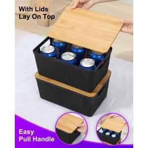 Storage Bins with Lids 2 Packs, Plastic Storage Baskets with Bamboo Lids-Stackable Storage Containers for Shelves Drawers Desktop Closet Pantry Playroom Classroom Office, Black