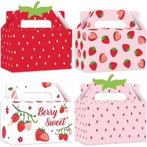 GRADESIN Strawberry Box for Party Favors, 24 Pcs Strawberry Gift Candy Treat Boxes Bags for Berry First Birthday Baby Shower Party Decor Supplies, 6.3 x 3.2 x 3.9 Inch