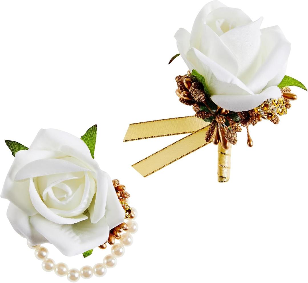 SITUMEIZI 2Pcs Corsage and Boutonniere Set Corsage Wristlet for Prom Decor Boutonniere for Men Wedding Flowers Accessories Party Suit Decoration(Platinum)