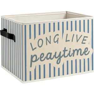 Kids Playroom Foldable Storage Bins Box with Handles, Long Live Playtime Blue Striped Decorative Storage Boxes Baskets Toybox Organizer for Kids Boys Girls Nursery Room Bedroom Playroom