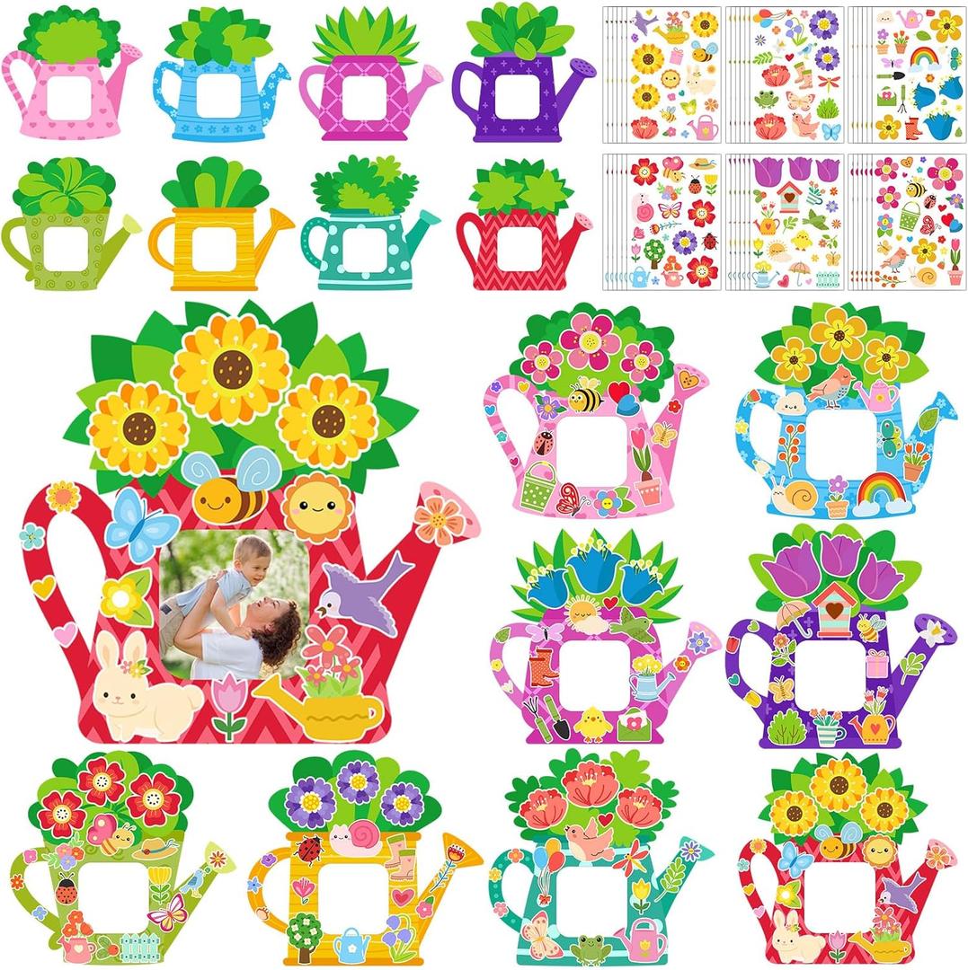 Jetec 48 Sets Spring Crafts Bulk Watering Can Picture Frames Craft DIY Flower Picture Frame Craft with Flower Stickers for Spring Summer Home Activities Party Favors Decorations