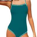 WIQI Girls Swimsuit One Piece Bathing Suit Color Contrast Trim Girls' Swimwear with Cover Up Skirt Size 9-16 (9-10 Years, Blue Green)