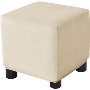 Ottoman Cover Square Velvet Storage Ottoman Slipcovers Thick Stretch Footrest Foot Stool Covers Protector with Elastic Band(Small-Beige)