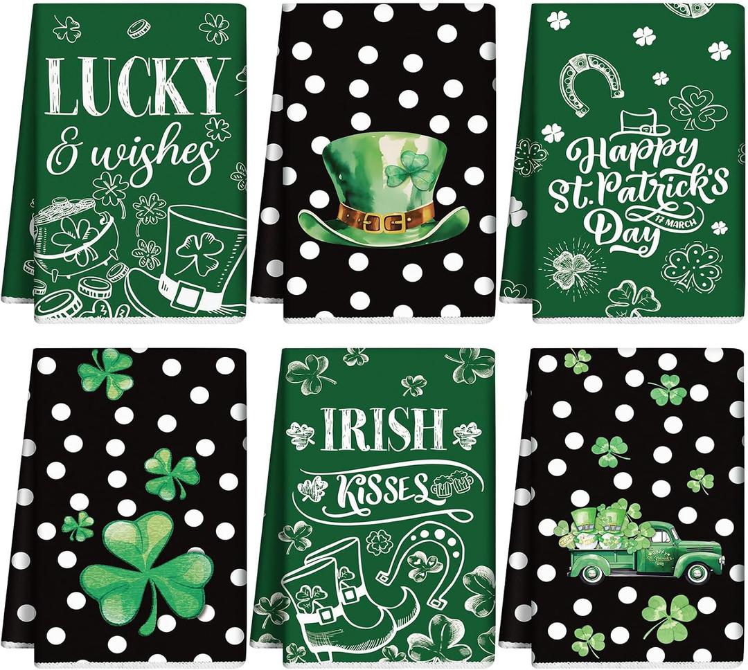 Mixweer 6 Pcs St. Patrick's Day Kitchen Towel Vintage Lucky Shamrock Clover Dish Towel Retro Watercolor White Polka Dot St Patricks Day Hand Towels for Bathroom Home Absorbent Tea Towel, 16 x 24 Inch