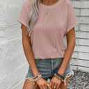 Womens Summer Tops Crochet Cap Short Sleeve Shirts Casual Loose Texture Round Neck Knit Tshirts Blouse (L)
