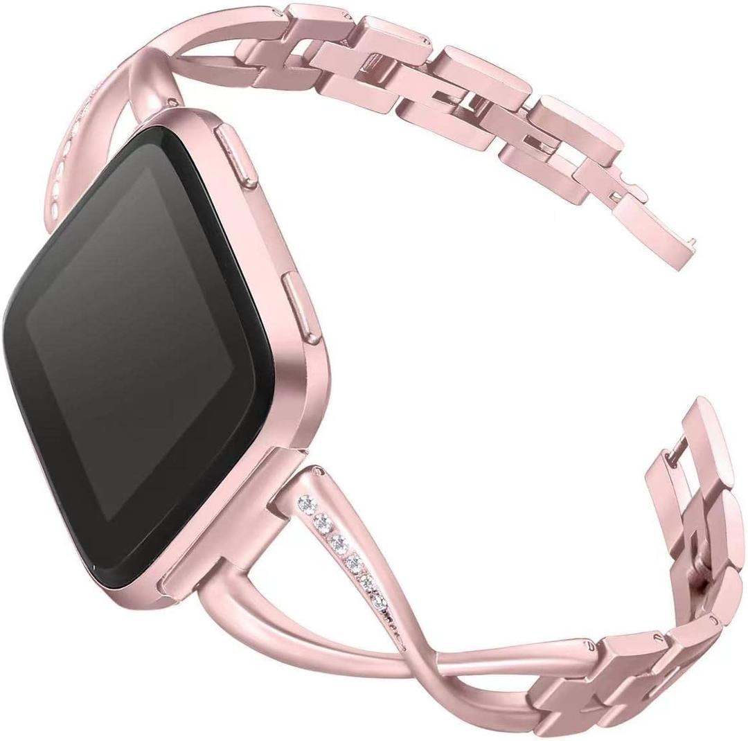 bayite Stainless Steel Bands Compatible with Fitbit Versa/Fitbit Versa Lite & SE/Fitbit Versa 2, Women Bling Replacement Bracelet with Rhinestones Diamond X-Link Accessories (Rose Gold)