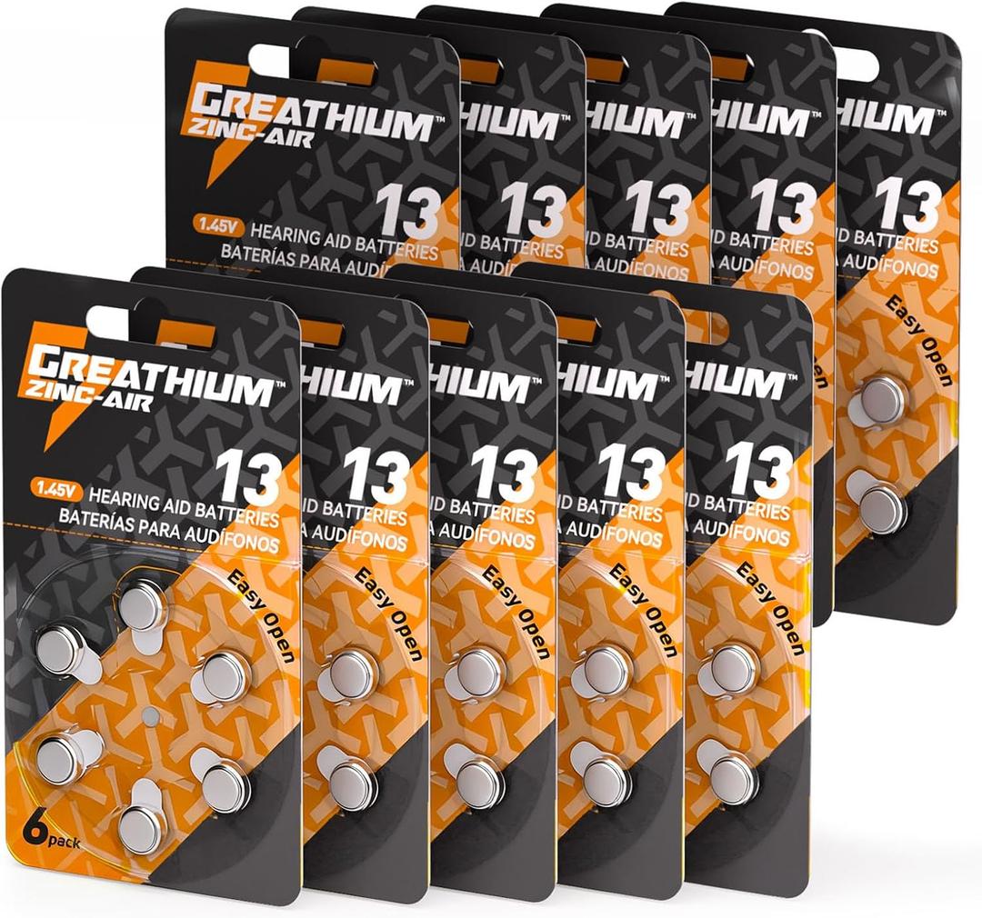 Hearing Aid Batteries Size 13, 60 Pack, Zinc Air 1.45v, Easy Open & Long Lasting