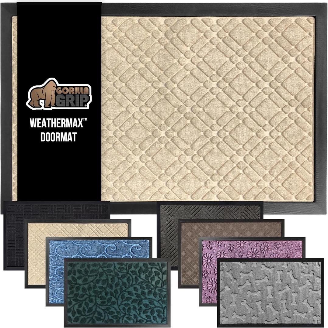 GORILLA GRIP 100% Waterproof All-Season WeatherMax Doormat, 23x35, Durable Natural Rubber, Stain and Fade Resistant, Low Profile, Indoor Outdoor Door Mats, Easy Clean Patio Entrance Mat, Modern Latte