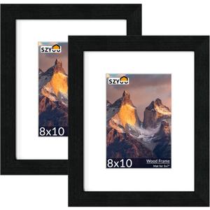 8x10 Picture Frame Set of 2 - Wood Frame with Real Glass, Display 5x7 with Mat or 8x10 without Mat, Photo Frame for Wall or Tabletop Display (Matte Black)