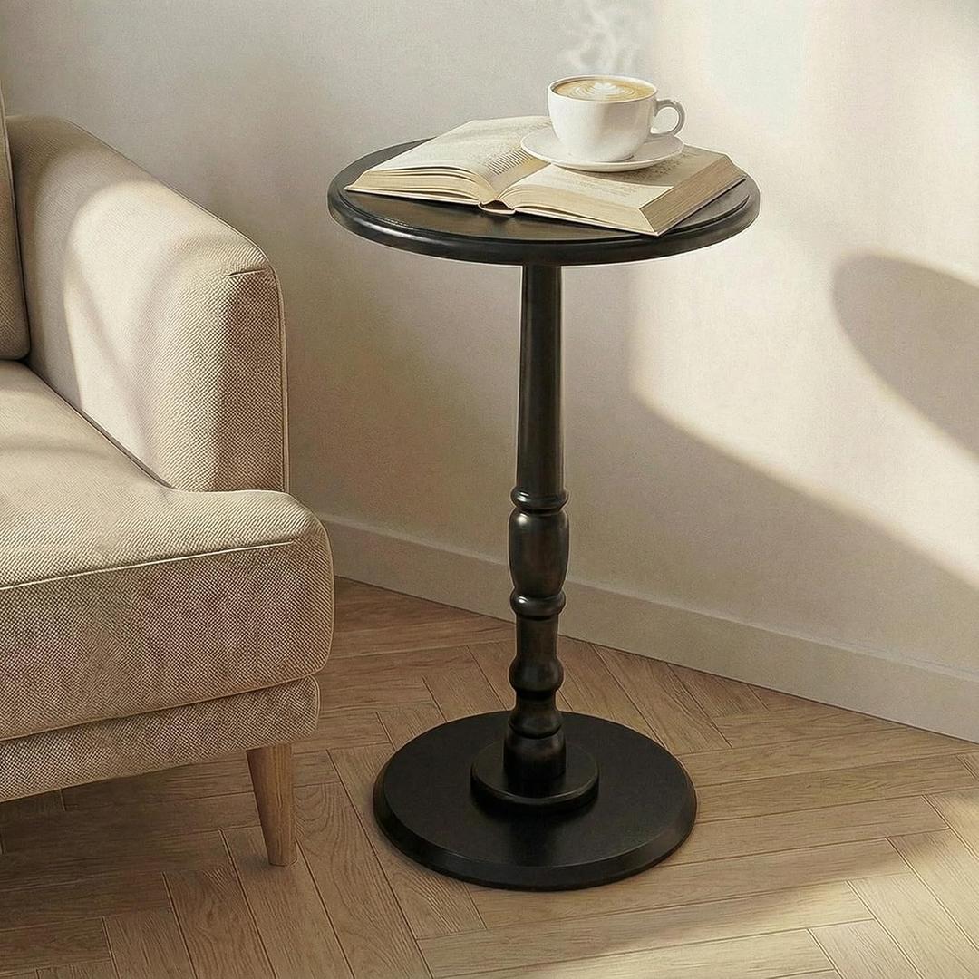 Small Side Table Living Room, Round Corner Table for Small Spaces, Coffee Table with Solid Wood Pedestal Accent for Living Room, Corners, Bedroom, Bean Bag, Sofa Couch (Black)