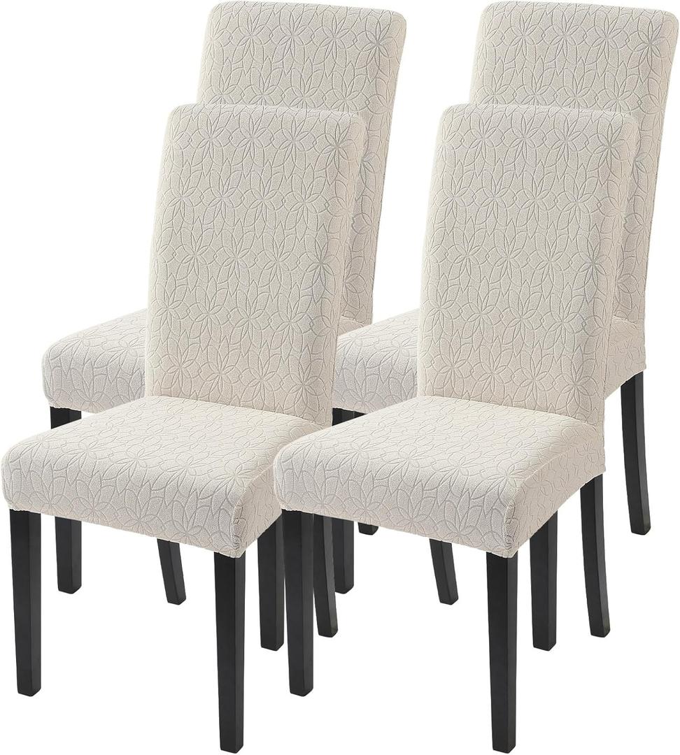 SearchI Jacquard Dining Room Chair Covers Set of 4, Stretch Kitchen Chair Covers Washable Parsons Chair Slipcover Removable Dining Chair Protectors for Hotel, Ceremony Beige Floral Texture (4 Set)