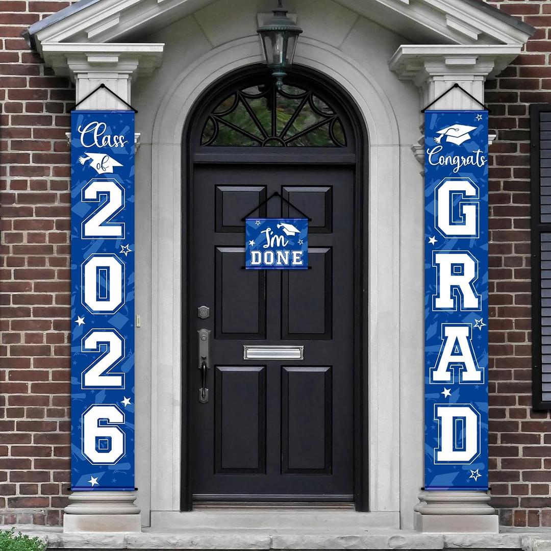 2 x Moukeren 3 Pieces 2026 Graduation Party Decorations Graduation Porch Sign Class of 2026 Grad Hanging Porch Banner Backdrop Door Sign for Grad Party Home Door Wall Decor(Blue)