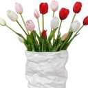 15 Pcs White-Light Pink-Red Artificial Tulips Fake Flowers, Premium Latex Lifelike Texture, UV Resistant Waterproof Faux Tulip Bouquets with Snap-on Petals for Outdoor, Home, Wedding Decor