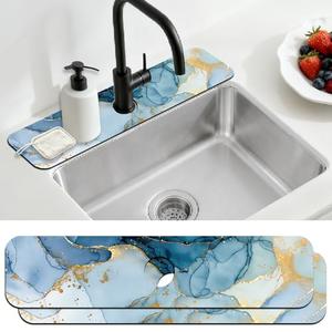 CONCHLERY 2 Pcs Kitchen Sink Splash Guard Faucet Mat Marble Texture Faucet Mat for Sinks Absorbing Drying Mats for Kitchen Bathroom, 23.6x5.5inch