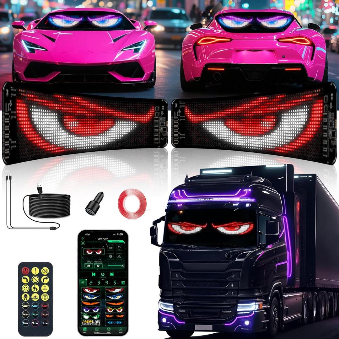 2 Pack Devil Eyes Light for Cars, LED Car Sign Windshield Display, Truck Decoration Programmable Matrix Remote/App Control, Custom Text/GIFS for Sedans, SUVs, Trucks, 14"x4" (3.9" x 13.8")