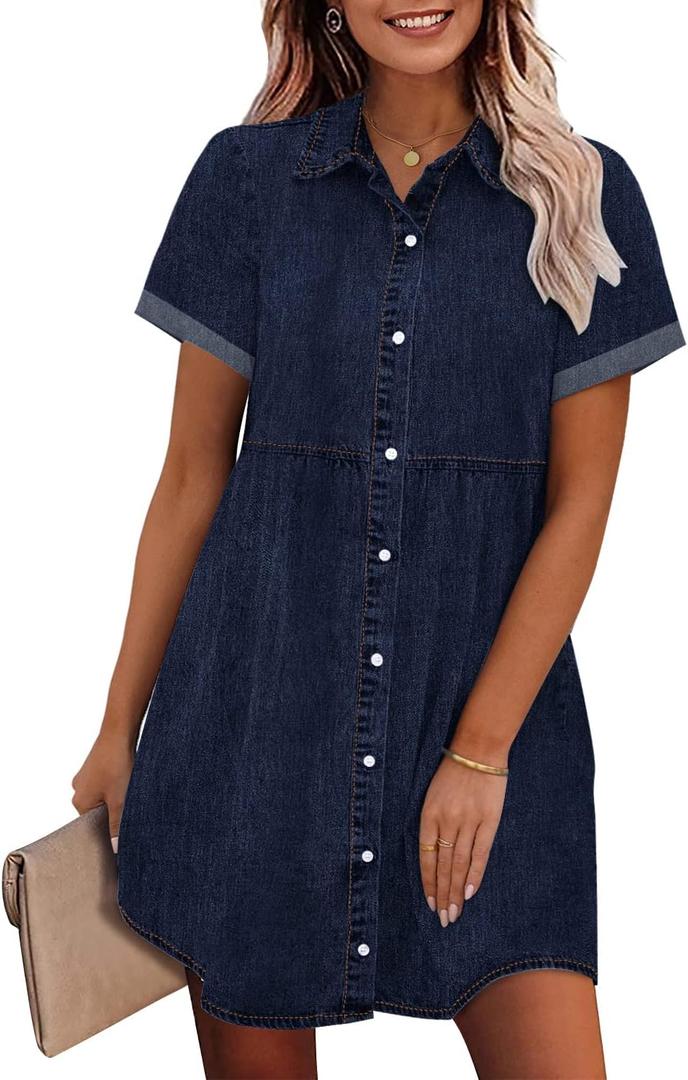 GRAPENT Denim Dress for Women Babydoll Tiered Short Sleeve Button Down Jean Shirt Dresses (Large, Twilight Blue)