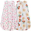2 Pack Baby Sleep Sack 0-6 Months 100% Cotton Muslin Baby Sleeping Bag 2-Way Zipper Wearable Blankets (Flower & Cherry, Small)