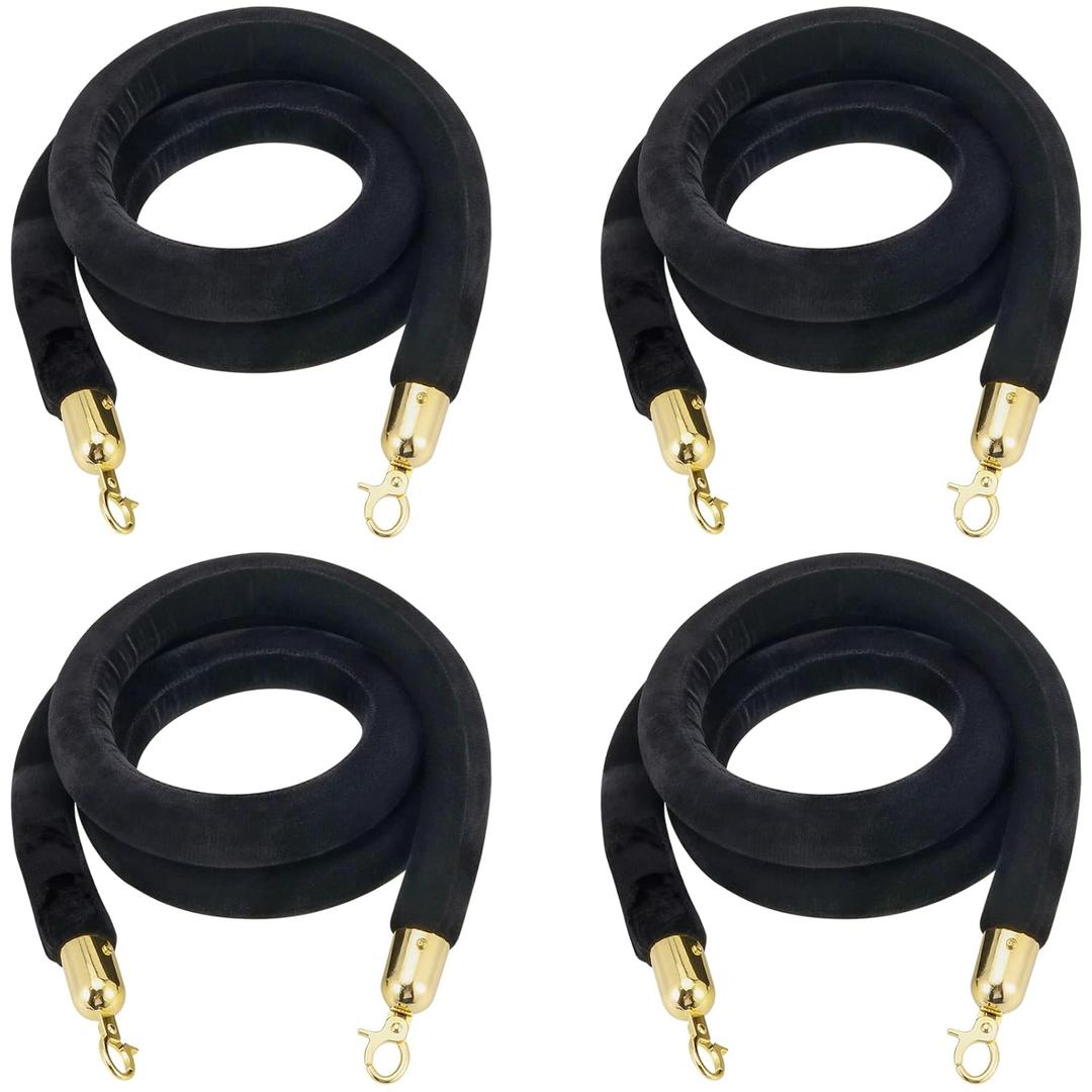 JAPCHET 4 Pack 6.6 Feet Velvet Rope, Black Velvet Stanchion Rope with Gold Polished Hooks, Crowd Control Queue Line Barrier Rope Hanging Ropes for Hotels, Movie Theaters