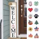 Interchangeable Welcome Sign for Front Porch Standing 45"X9" Large Tall Vertical Outdoor Decor Frame With 12 Pcs Designed Icons for Outside Door Decorations (Wood)