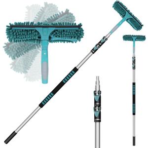 20 Feet High Reach Window Squeegee with 5-12Ft Extension Pole, Window Cleaner Tool with 3-Stage Telescoping Pole, Window Cleaning Kit with Rotatable Head (2 Squeegee & 2 Microfibre Cloths)