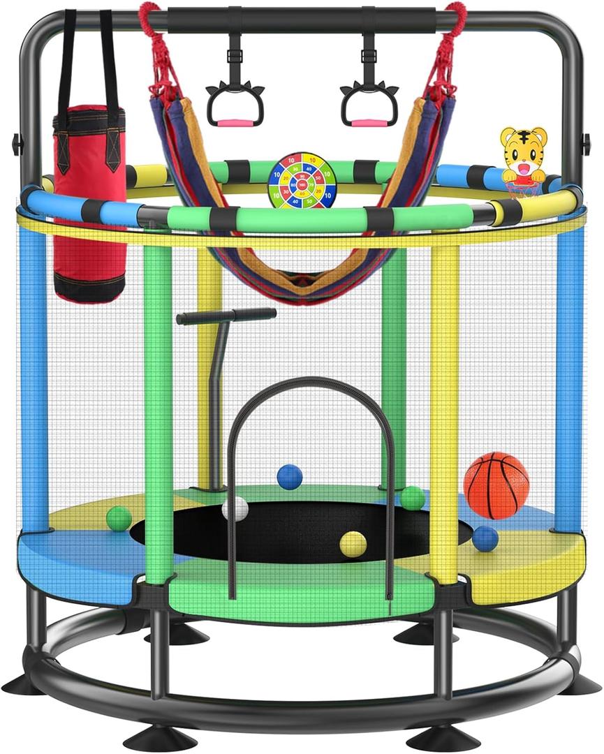 Trampoline for Kids, Full Anti-Rust 440 Lbs Anti-Rollover Round Bottom Indoor Outdoor Toddler Trampoline, T-handrail Adjustable Baby Toddler Trampoline Basketball Dart Board