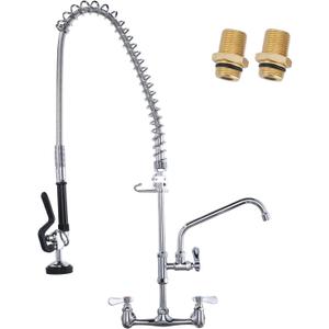 Commercial Kitchen Faucet Wall Mount with Pre-Rinse Sprayer 36" Height Wall Mount Kitchen Sink Faucet 8 Inch Center with 10" Add-on Swing Spout Faucet & Coiled Spring Pull Down Spray (Polished Chrome)