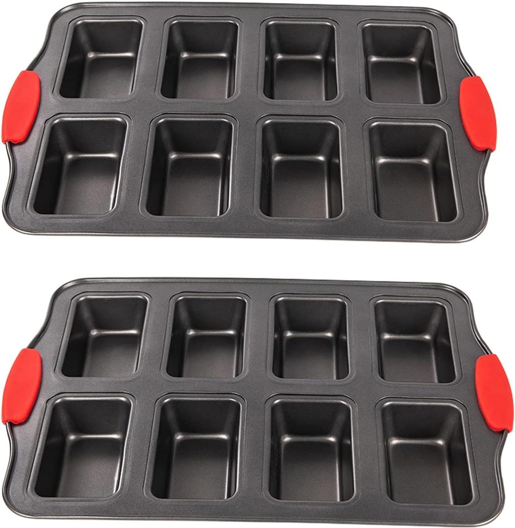 2 Packs 8 Cavity Non-Stock Mini Loaf Pan with Silicone Handle, Mini Bread Loaf Baking Pan Mini Brownie Pan Cheesecake Mould Rectangular Bar