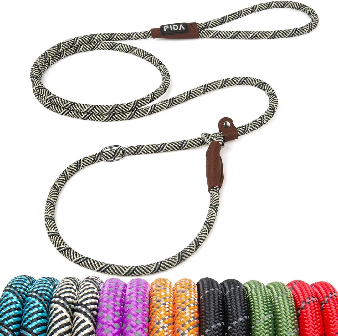 Fida Durable Slip Lead Dog Leash, 6 FT x 3/8" Heavy Duty Comfortable Strong Rope Slip Lead for Small Dogs and Puppies, No Pull Pet Training Leash with Highly Reflective(3/8", Grey)