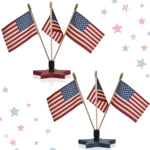 Yousoontic 2 Sets Vintage 4th of July Decorations American Flag with Pentagram Bracket Wooden Block 250th Anniversary Independence Day Patriotic Table Decorations for Home Tiered Tray Decor