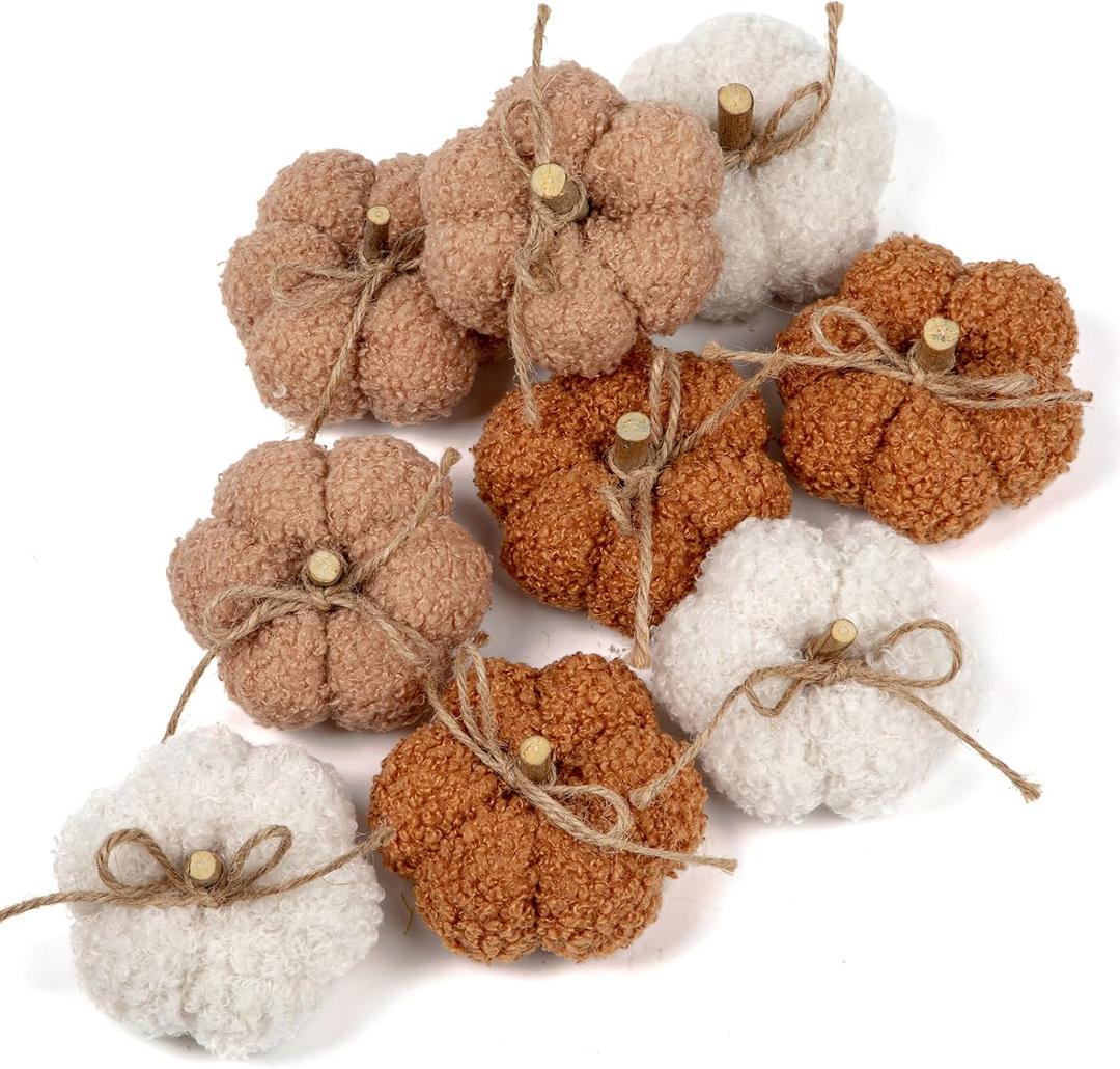 Fall Pumpkin Decorations for Home, 9 Pcs Artificial Mini Fabric Pumpkins Autumn Decor, Fake Pumpkins for Decorating, Fall Wedding Table Centerpiece Mantel Decor, Thanksgiving Halloween Decor Indoor (#1 Brown Set of 9)