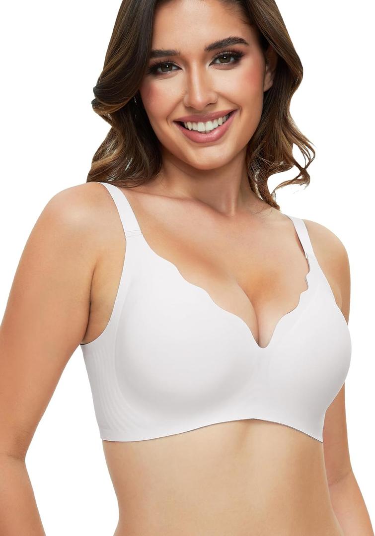 Womens Bras No Underwire Seamless Wireless Sleeping Bras Scalloped Deep V Bralettes Comfortable Everyday Bras (No Size)