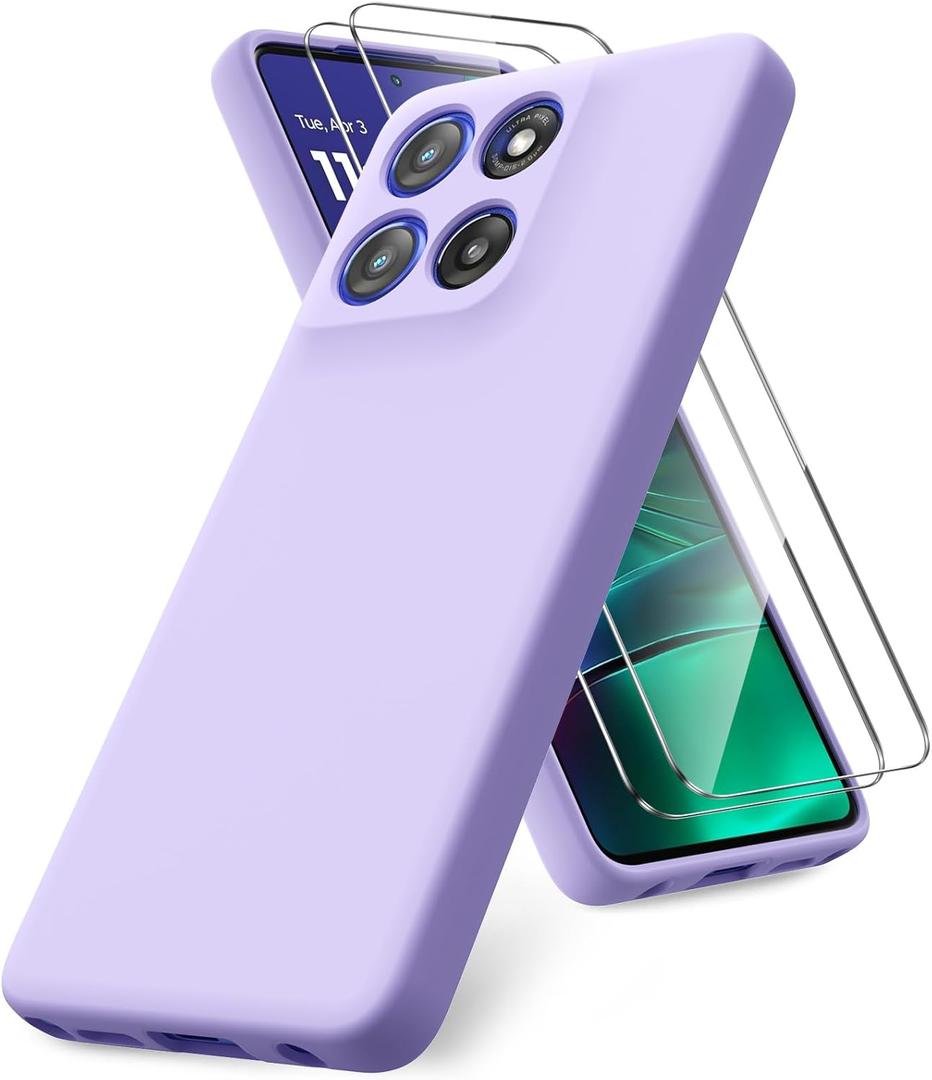 Case for Motorola Moto G Stylus 5G 2025, 2 Pack Tempered Glass Screen Protectors, Soft TPU Liquid Silicone Shockproof Gel Case-Light Lilac