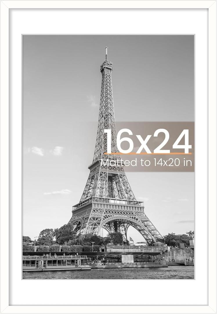 Upsimples 16x24 Picture Frame, Display Pictures 14x20 with Mat or 16 x 24 Without, Wall Hanging Poster Frames, White, 1 Pack