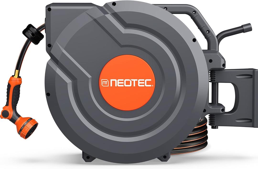 150FT Retractable Garden Hose Reel 1/2 Inch with 9-Pattern Spray Nozzle - Automatic Slow Return & Any Length Lock, Wall Mounted Heavy Duty Hose Reels for Outside, 180° Swivel UV Resistant