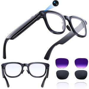 AI Smart Glasses with 4K Camera, 8MPW Anti-Shake Bluetooth Camera Glasses for Women Men, 1080P Video Recording Dual Mic Noise Reduction, Real Time Translation, Voice Assistant for Travel (3 lenses)