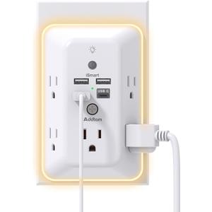 Surge Protector, Outlet Extender with Night Light, Addtam 5-Outlet Splitter and 4 USB Ports(1 USB C), Multi Plug Wall Outlet for Home Office Dorm Room Essentials (1C3A, White)