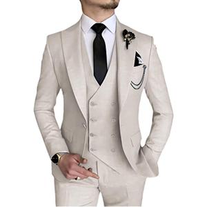 Wangyue 3 Piece Suit Slim Fit Double Breasted Mens Suits for Wedding Party Formal Prom One Button Blazer Vest Pants Sets (Small, Beige)