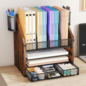 SWTYMIKI Desk Organizer with Drawers - Mesh and Wood Desk File Organizer with Pen Holders, 4-Tier Paper Organizer for Office Organizer and Accessorie, School and Home Storage, Espresso
