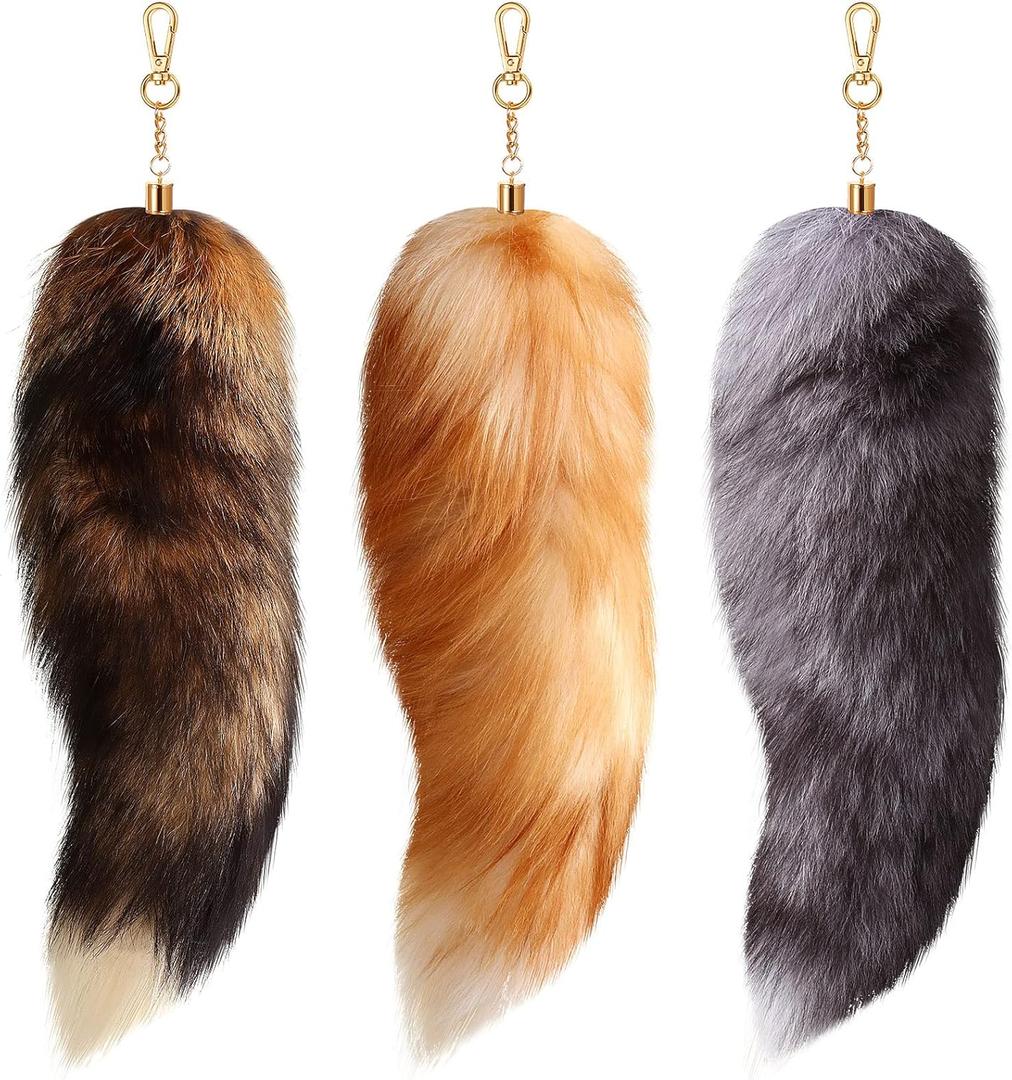 Sureio Huge Fluffy Real Fox Tail Fur Keychain for Women Wolf Tail Keychain Gift for Party (Gray, Yellow, Mixed Colors)