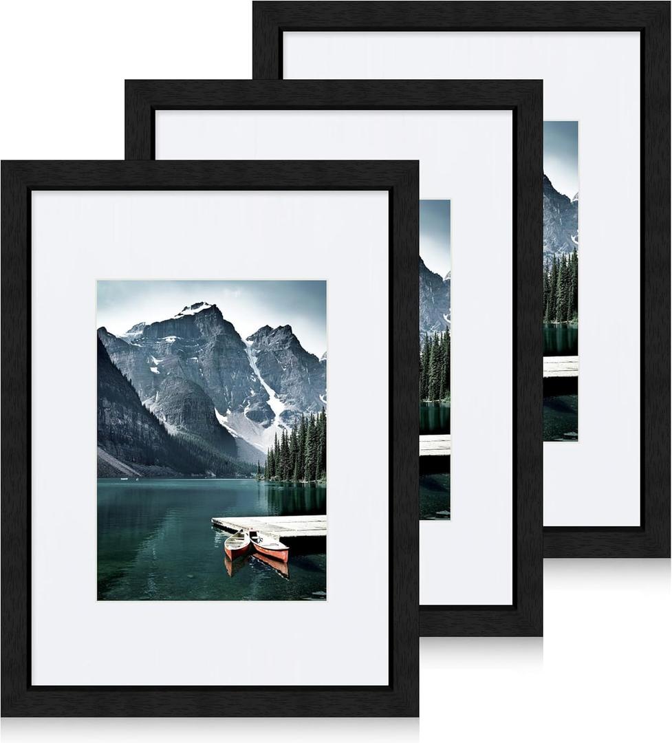 Hongkee 9x12 Black Picture Frames set of 3, Made of Wooden and Glass Photo frame - Displays Picture 6x8 with Mat or 9 x 12 without Mat, Desktop & Wall Collage Frame set