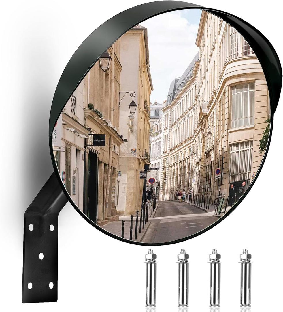 16-Inch Convex Security Corner Mirror - Adjustable Fixing Bracket, Wide Angle, Indoor and Outdoor Use - Ideal for Warehouse, Office, Parking Garage, Alleys, Driveways and Traffic Safety(Black