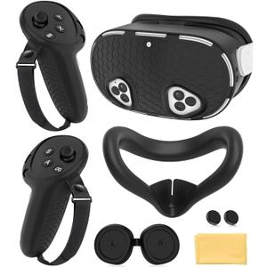 Silicone Cover Set Compatible with Meta Quest 3S Accessories, VR Protector Face Cover, Controller Grips, Front Shell Headset Cover and Lens Protective Cover for Meta/Oculus Quest 3S Accessories(Black)