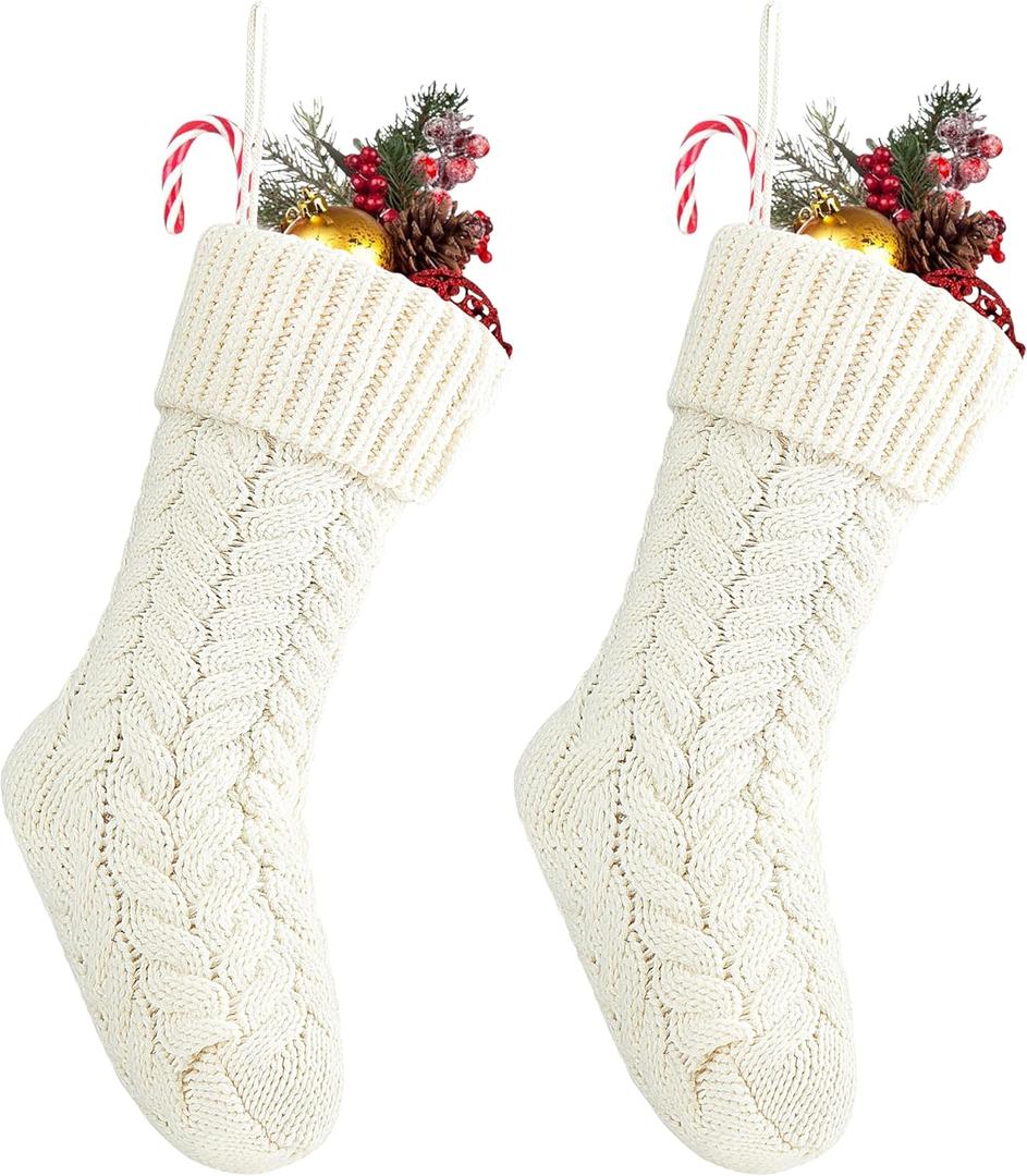 Fesciory 18 Inches Christmas Stockings Bulk, 2 Pack Large Size Cable Knitted Fireplace Hanging Stockings for Family Holiday Xmas Party Decorations, Ivory White