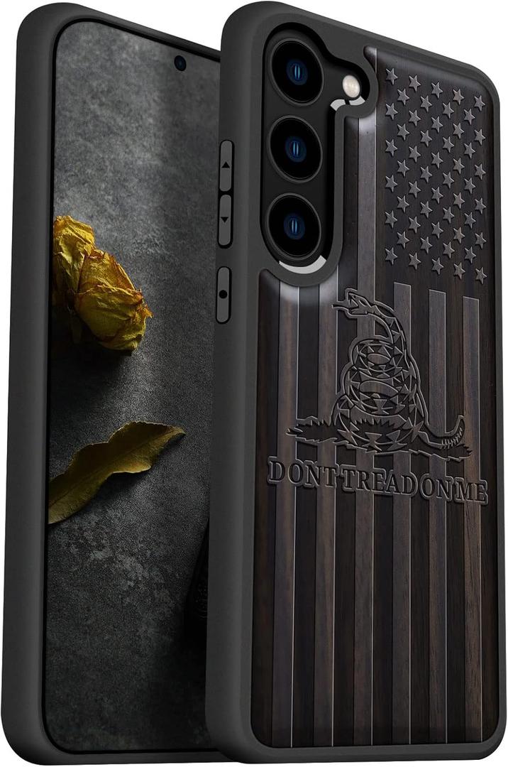 Carveit for Galaxy S23 Wood Case Natural Wood Black Soft TPU Protective Cover Compatible with Samsung S23 Gadsden Flag-Blackwood | Shockproof, Unique, Classy, Wooden Design