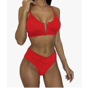 Women's V Cut High Waisted Bikini Ribbed V-Wired Cami Two Pieces Swimsuit S