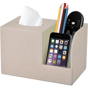 PU Leather Square Tissue Box Cover,Multifunctional Tissue Box Holder,Tissue Box with Storage,Tissue and Remote Control Holder,Tissue Box Decorative Desk Organizer for Home&Office,Beige