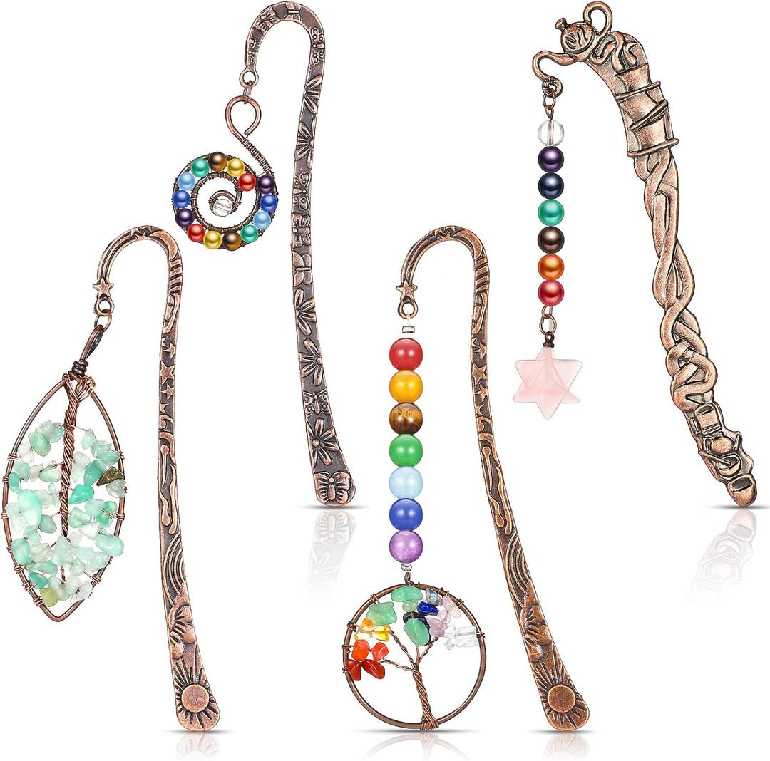 4 Pcs 7 Chakra Crystal Bookmark Antique Copper Metal Beading Healing Stone Vintage Bookmarks Tumbled Gemstones Book Markers for Student Office Birthday Present(Retro Style)