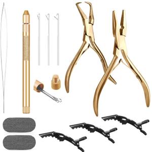 Hair Extension Tools Kit, Stainless Steel Hair Extensions Micro Bead Closer pliers and hair extension beads remover plier set, 4 Hook Needle Pulling Loop Tool Set (Gold)