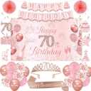 70th Birthday Decorations for Women, 70th Rose Gold Birthday Party Supplies, 70 Years Celebration Kit Including Backdrop, Crown, Sash, banner, Hanging Swirl,Balloons,Paper Fans for Her